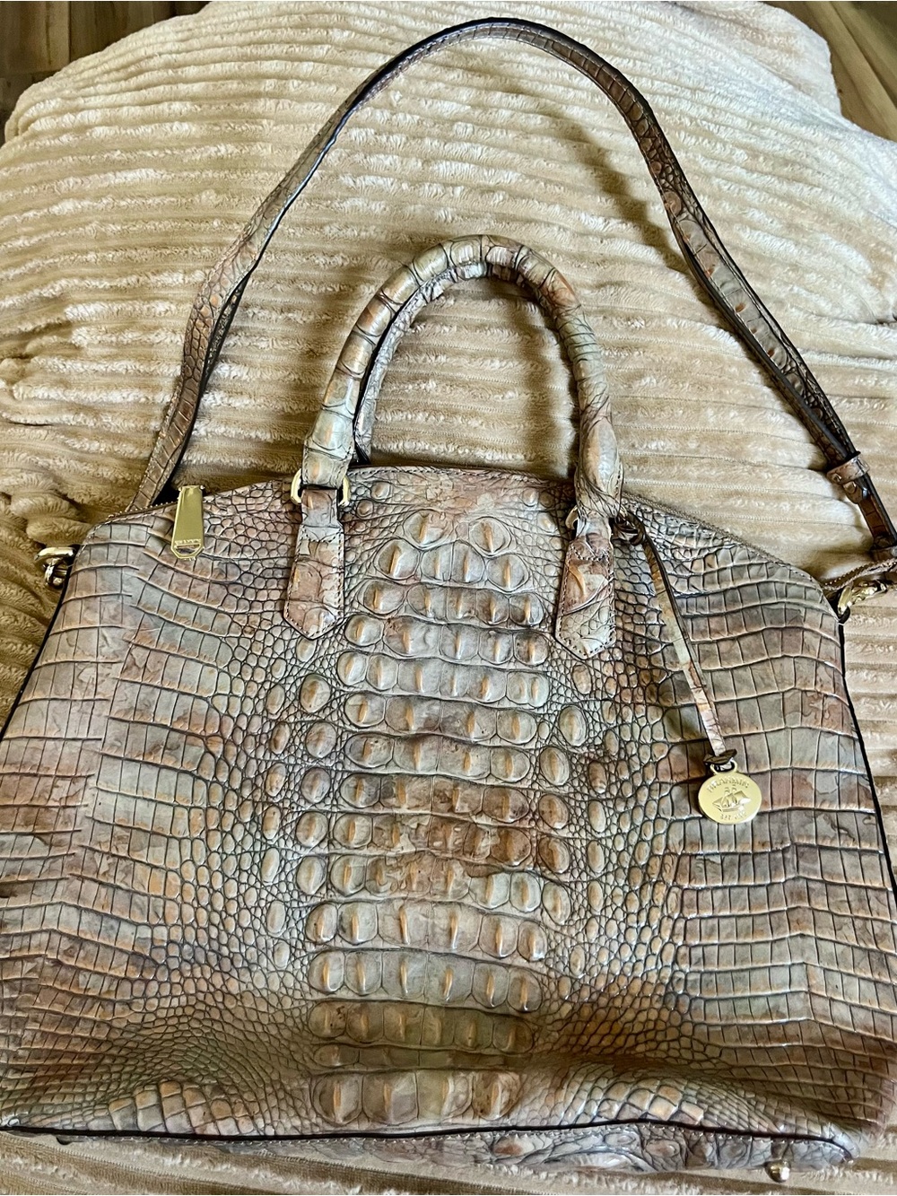 Brahmin Neutral Croc-Embossed Tote in Beige and Taupe, bag included - Picture 2 of 3